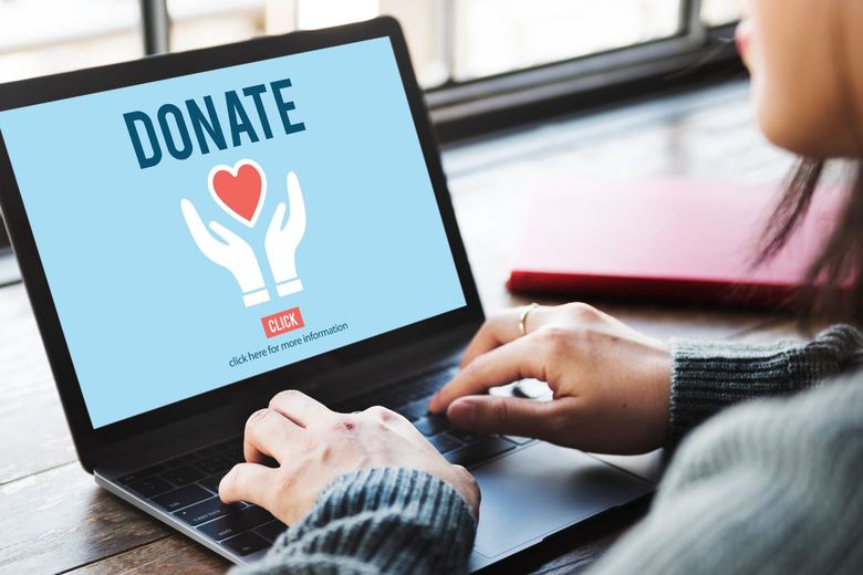 person making an online donation on a laptop